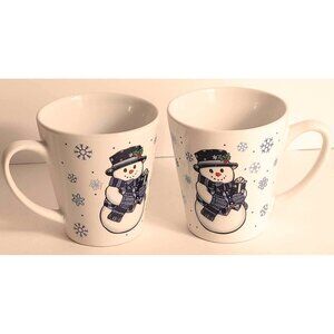 Vintage Set of 2 Ceramic Stoneware Winter Snowman Snowflake Mugs